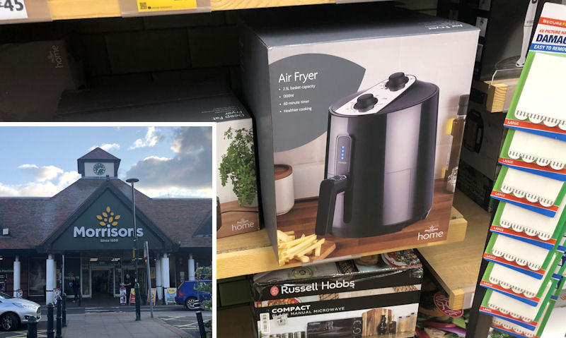 Small picture of Morrisons Hereford store; large image of Morrisons air fryer on shelf in-store