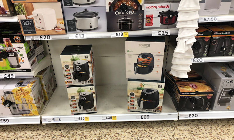 My personal picture of Tower air fryers stocked on shelf inside my local Tesco superstore
