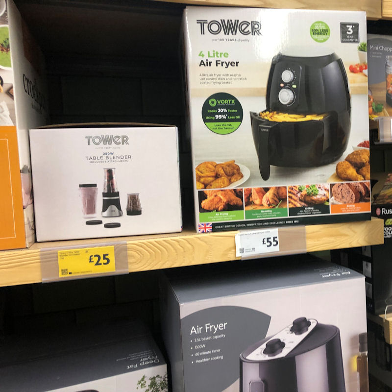 Tower and Morrisons home air fryer on shelf